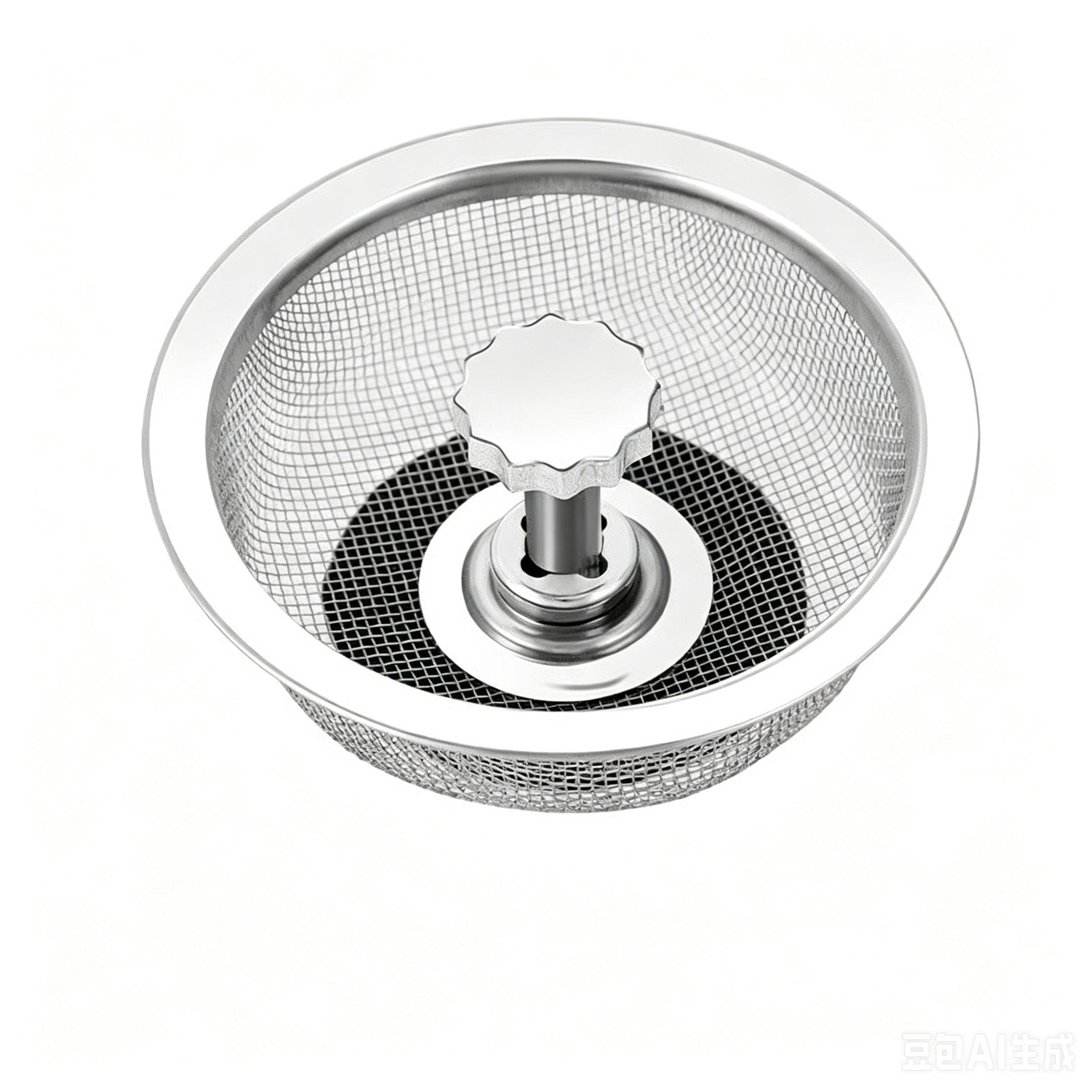 Top view of a stainless steel wire mesh sink drain filter with a central flower knob