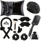Black heatless curling rod set with pillowcase, bonnet, eye masks, scrunchies, face roller, gua sha and hair brush