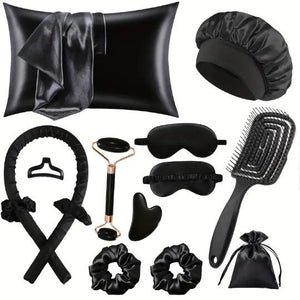 Black heatless curling rod set with pillowcase, bonnet, eye masks, scrunchies, face roller, gua sha and hair brush