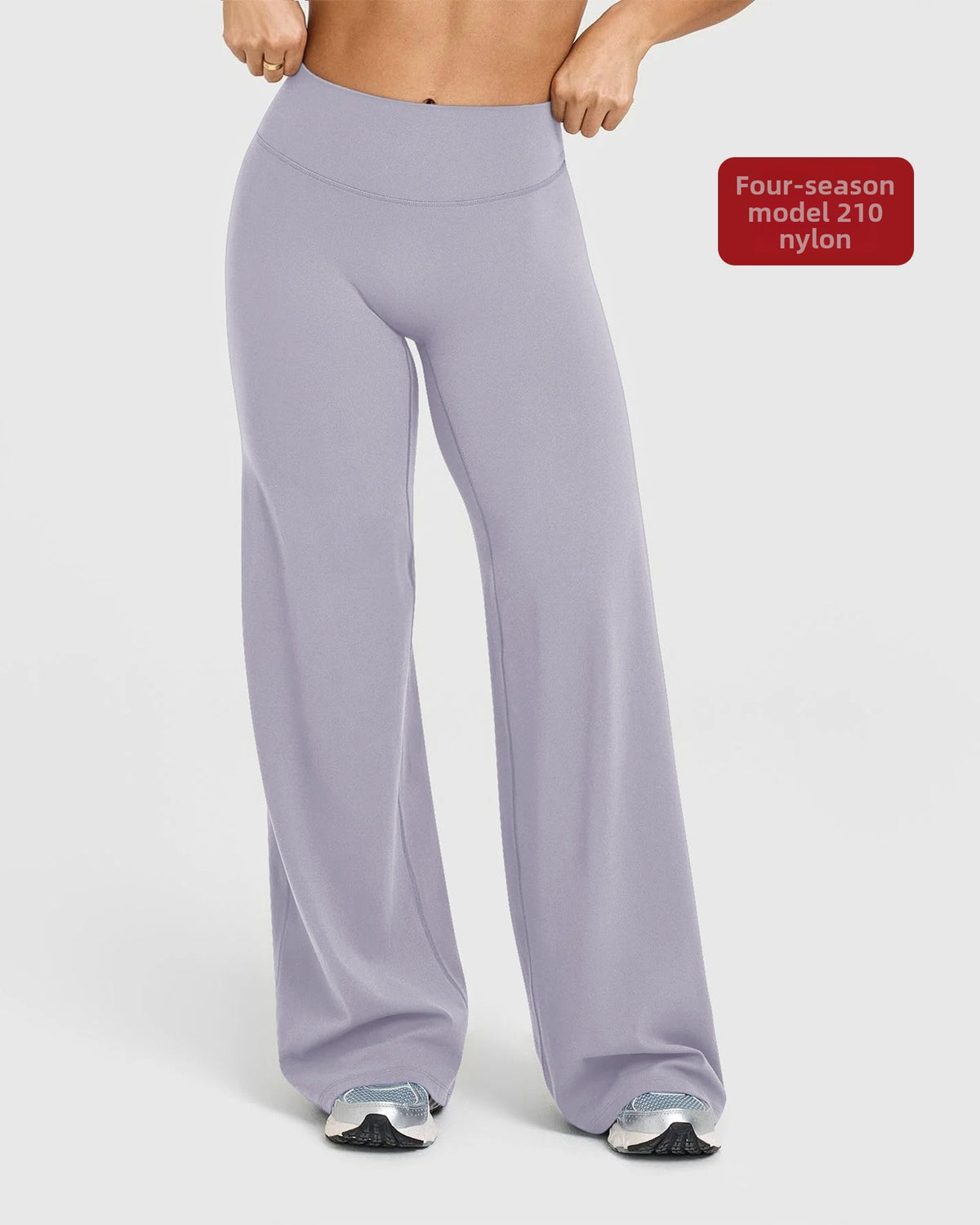 Full length wide leg stretch pants worn with sneakers