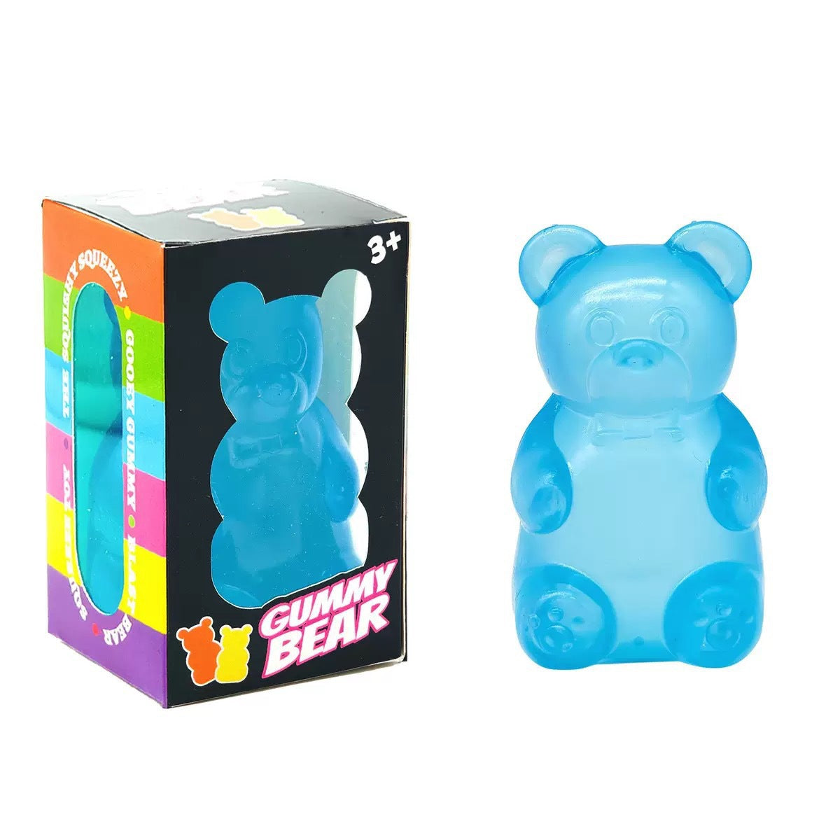 Blue gummy bear squishy toy beside its printed 3+ box