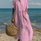 Short-sleeve cotton linen dress shown with companion items