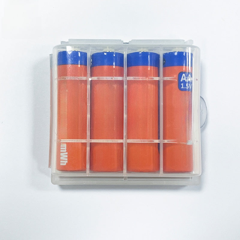 Four orange USB-C rechargeable lithium batteries in a closed clear case seen from above, the 4 pack option