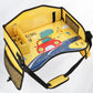 Yellow Dinosaur Car kids travel tray with printed top, divider box, mesh pocket and strap