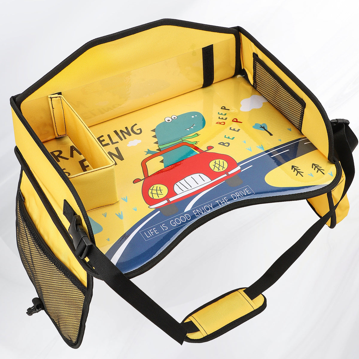 Yellow Dinosaur Car kids travel tray with printed top, divider box, mesh pocket and strap