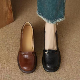 Women's Soft PU Leather Round Toe Thick Heel Loafers