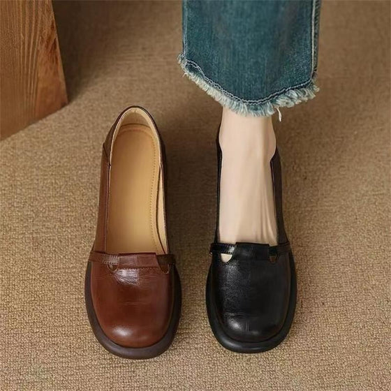 Women's Soft PU Leather Round Toe Thick Heel Loafers