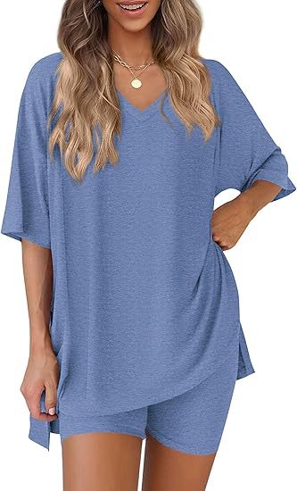 Gray Blue milk silk V neck loungewear set, oversized top and matching shorts, size XL
