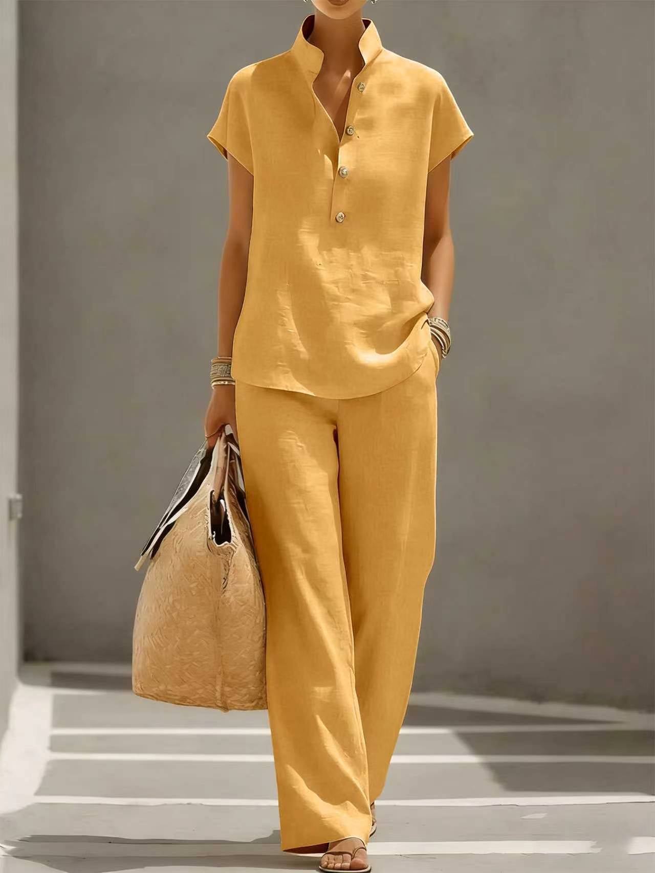 Close up of the linen-look fabric texture on the top and pants set