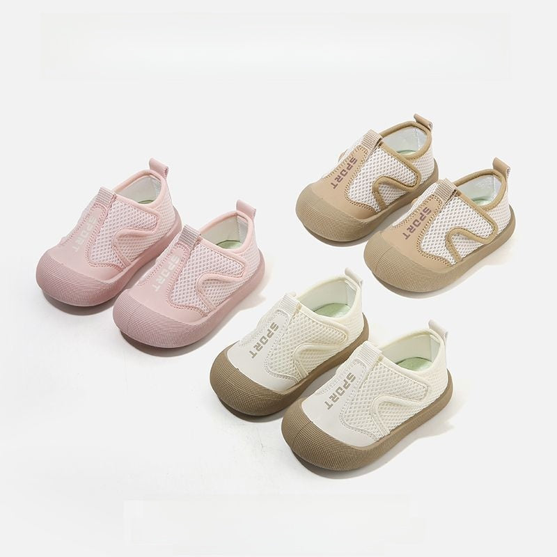 Pink toddler breathable mesh slip on sports shoe with the back pull tab and padded ankle collar