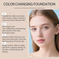 Color Changing Foundation panel with four numbered points beside a portrait of a young woman