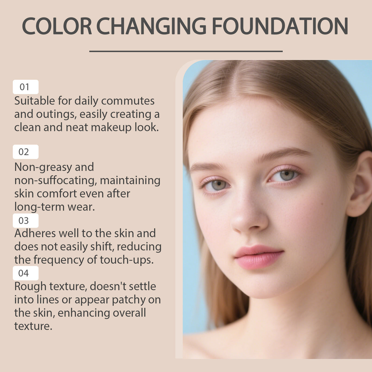 Color Changing Foundation panel with four numbered points beside a portrait of a young woman