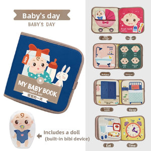 Baby sensory cloth book resting on a crib rail in a nursery setting