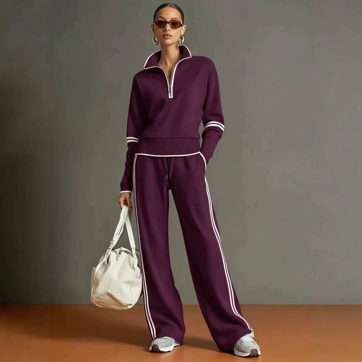 Purple knit sweatshirt set, ribbed hem, half zip stand collar and white striped wide leg pants