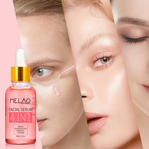 MELAO facial serum glass dropper bottle and box on a pink surface