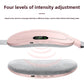 Pink heating belt shown with its plush underside and four vibration intensity settings