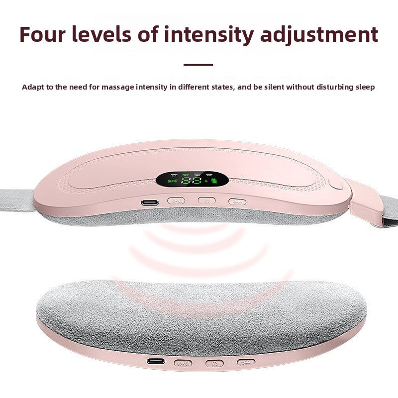 Pink heating belt shown with its plush underside and four vibration intensity settings