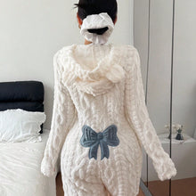 Womens Hooded Plush Fleece Romper with Bear Ears and Bow Back Patch