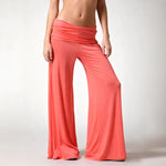 Coral fold over waist wide leg palazzo pants shown full length