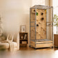 Steel mesh parrot cage on four casters with a wood back panel and pull-out drawers, shown with perches and a nest
