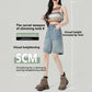 Front view of high-waisted faded blue denim shorts styled with a striped knit top