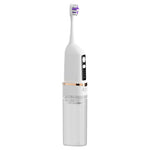 White 2-in-1 electric toothbrush and water flosser with a clear tank, a display and a copper ring on white
