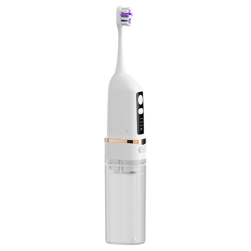 White 2-in-1 electric toothbrush and water flosser with a clear tank, a display and a copper ring on white