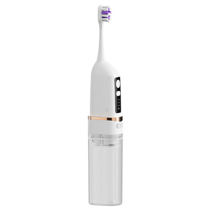 White 2-in-1 electric toothbrush and water flosser with a clear tank, a display and a copper ring on white