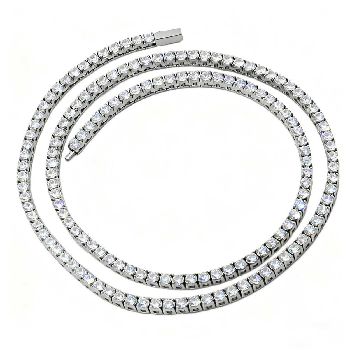 Coiled polished steel tennis chain necklace with clear stones and a box clasp, 4mm 50cm option