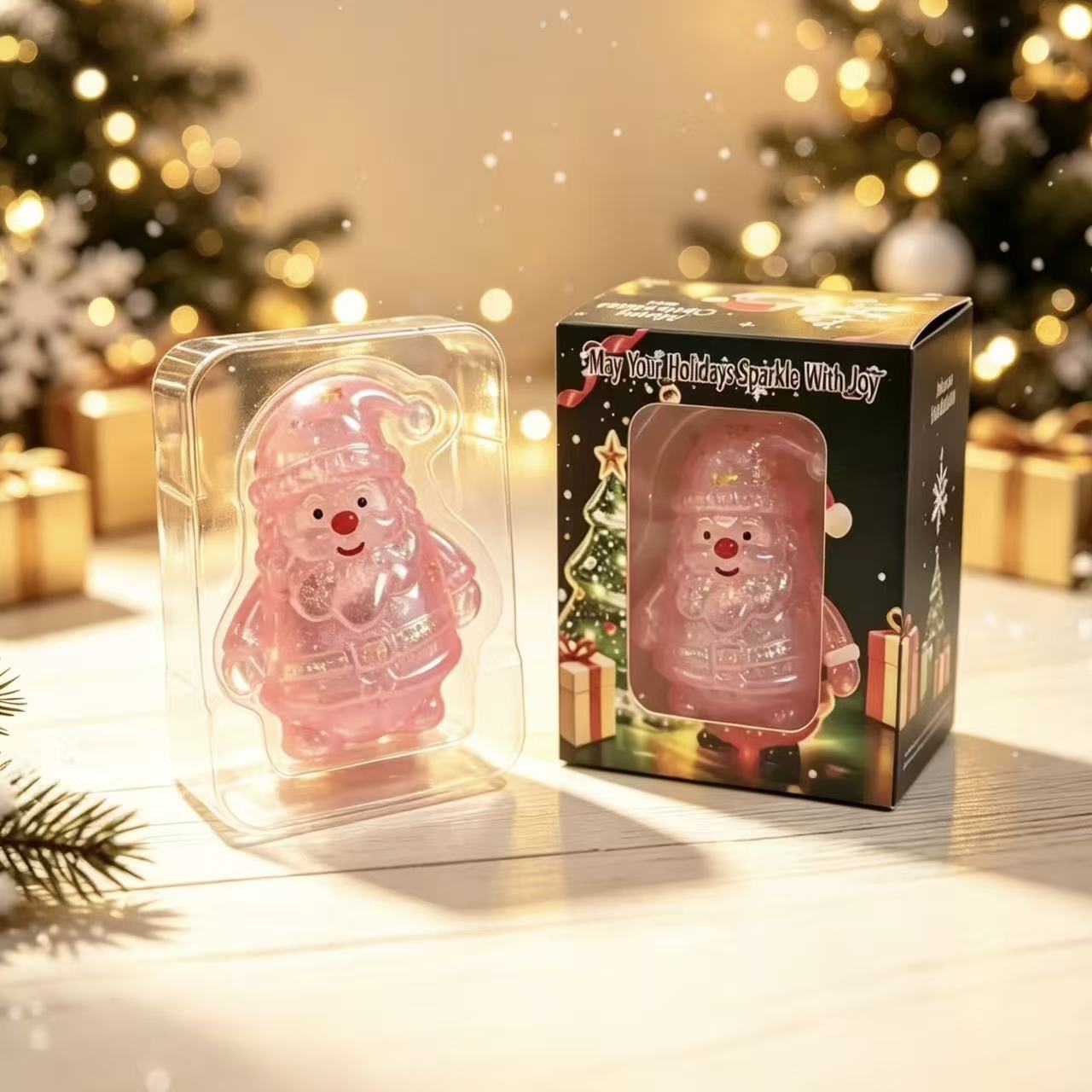 Translucent jelly squishy Santa squeeze toy with a festive gift box