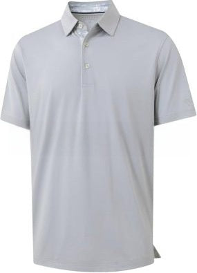 Men's short sleeve polo shirt with a solid body and a printed contrast collar, fitted cut in light polyester