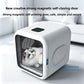 Cat resting inside the white pet drying box beside its magnetic self-closing tinted door