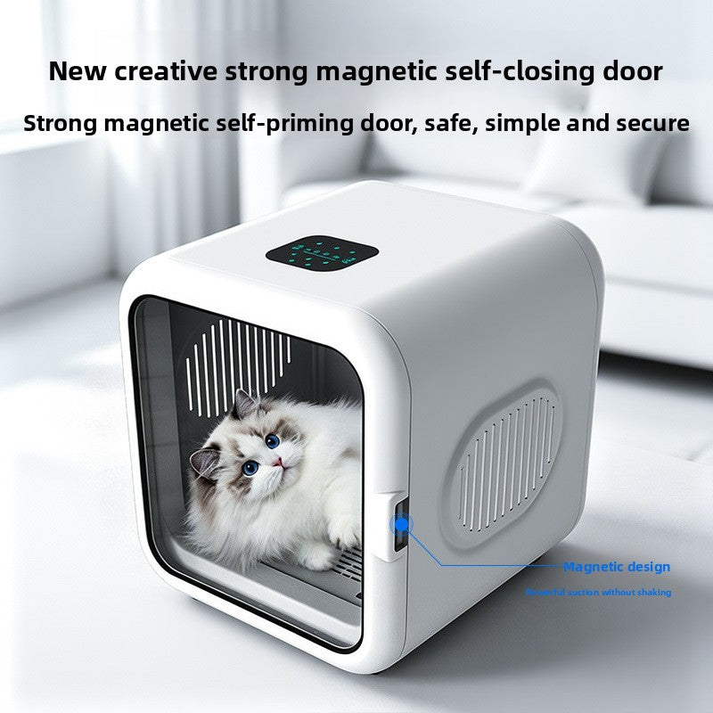Cat resting inside the white pet drying box beside its magnetic self-closing tinted door