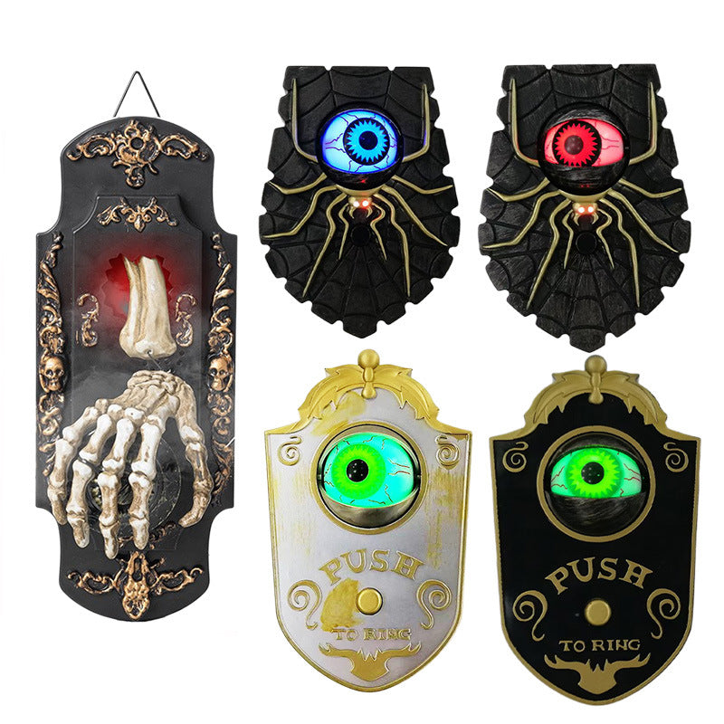 Grid of Halloween eyeball doorbell designs including spider plaques and push to ring plaques with glowing eyes