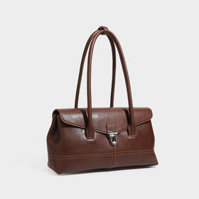 Womens PU Leather Baguette Shoulder Bag with Push Lock Flap