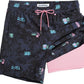 Black swim trunks with pink shark print and side zip pocket detail