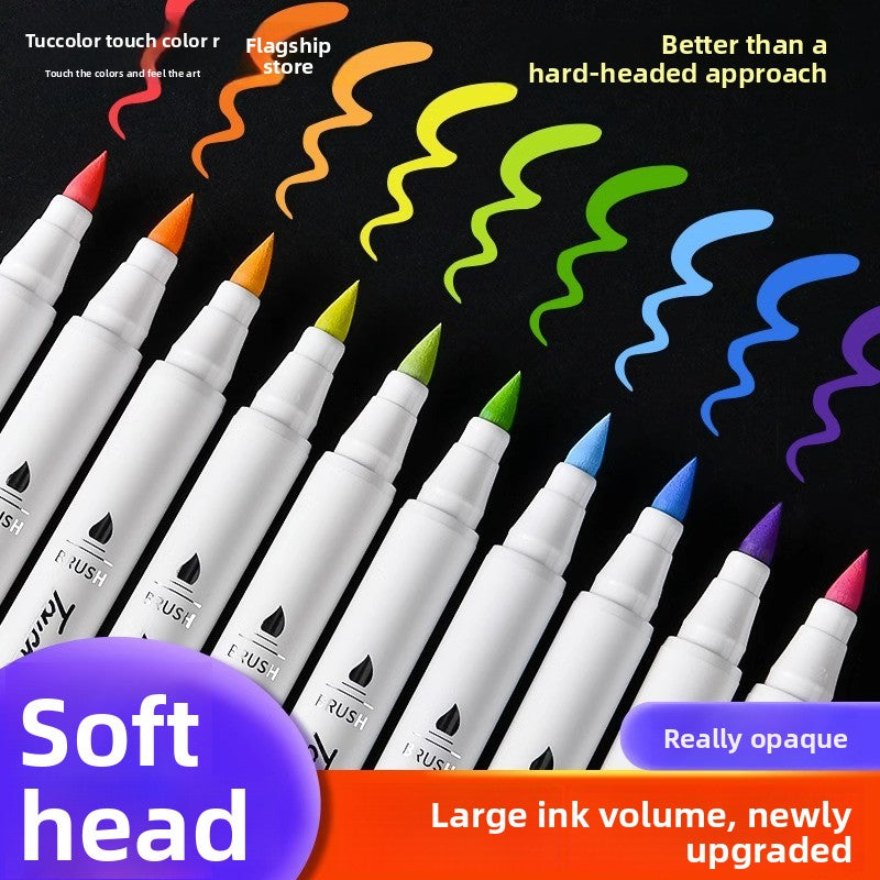Row of soft brush acrylic markers on black with opaque colored swirls above each nib