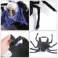Close collage of the spider pet costume showing the skull, furry legs, hook and loop strap and harness