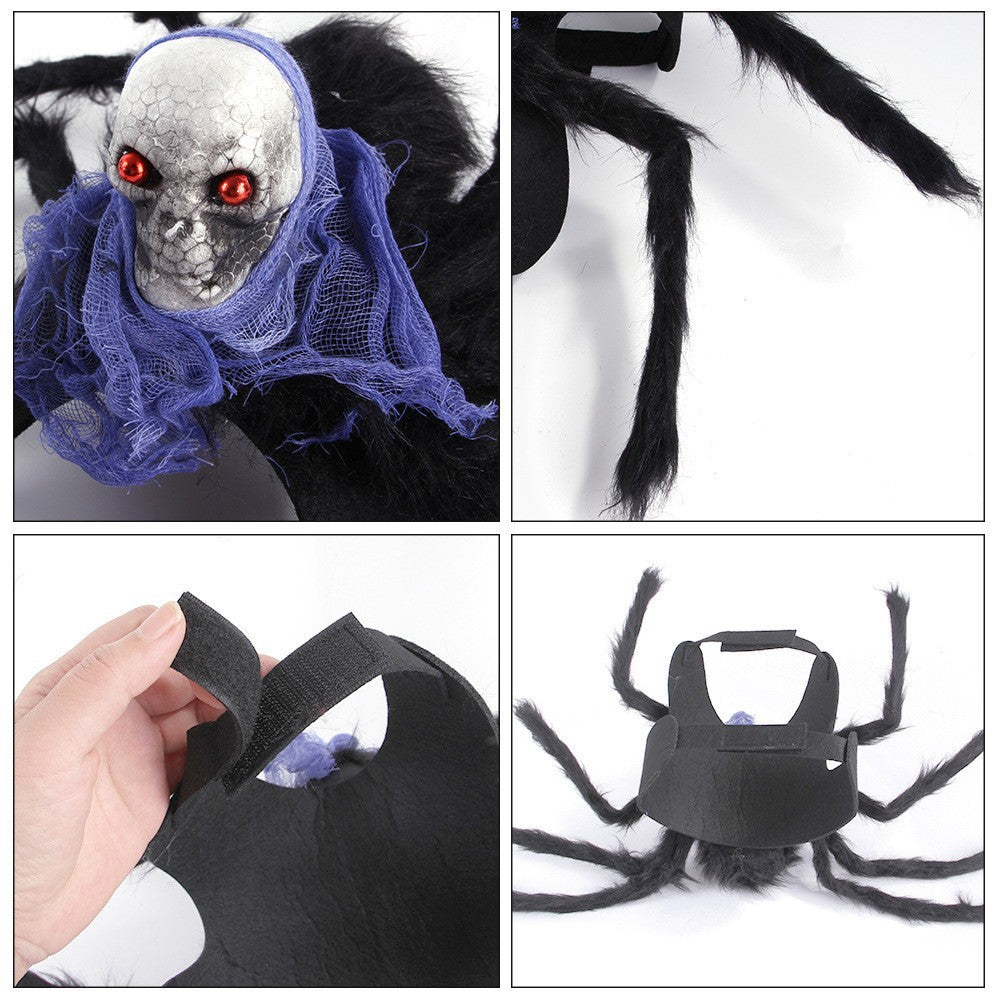 Close collage of the spider pet costume showing the skull, furry legs, hook and loop strap and harness