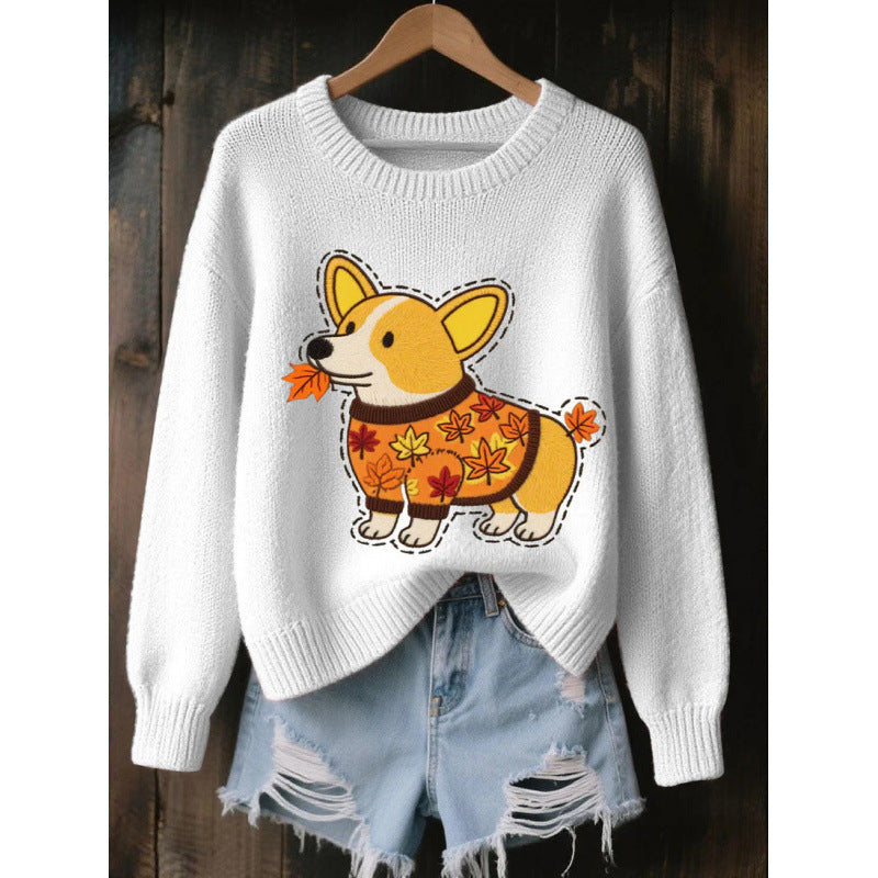 White womens 3D print knit look pullover top with an autumn corgi motif, product photo