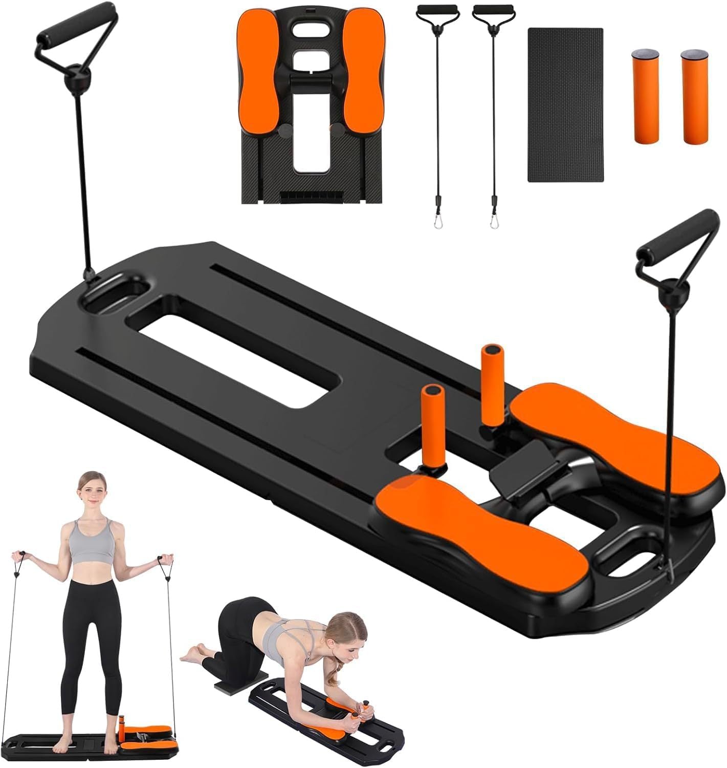 Ab wheel paired with knee pads on a black training mat