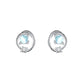 Studio close-up of both Saturn stud earrings, prong-set opalescent cabochon and small clear accent stone