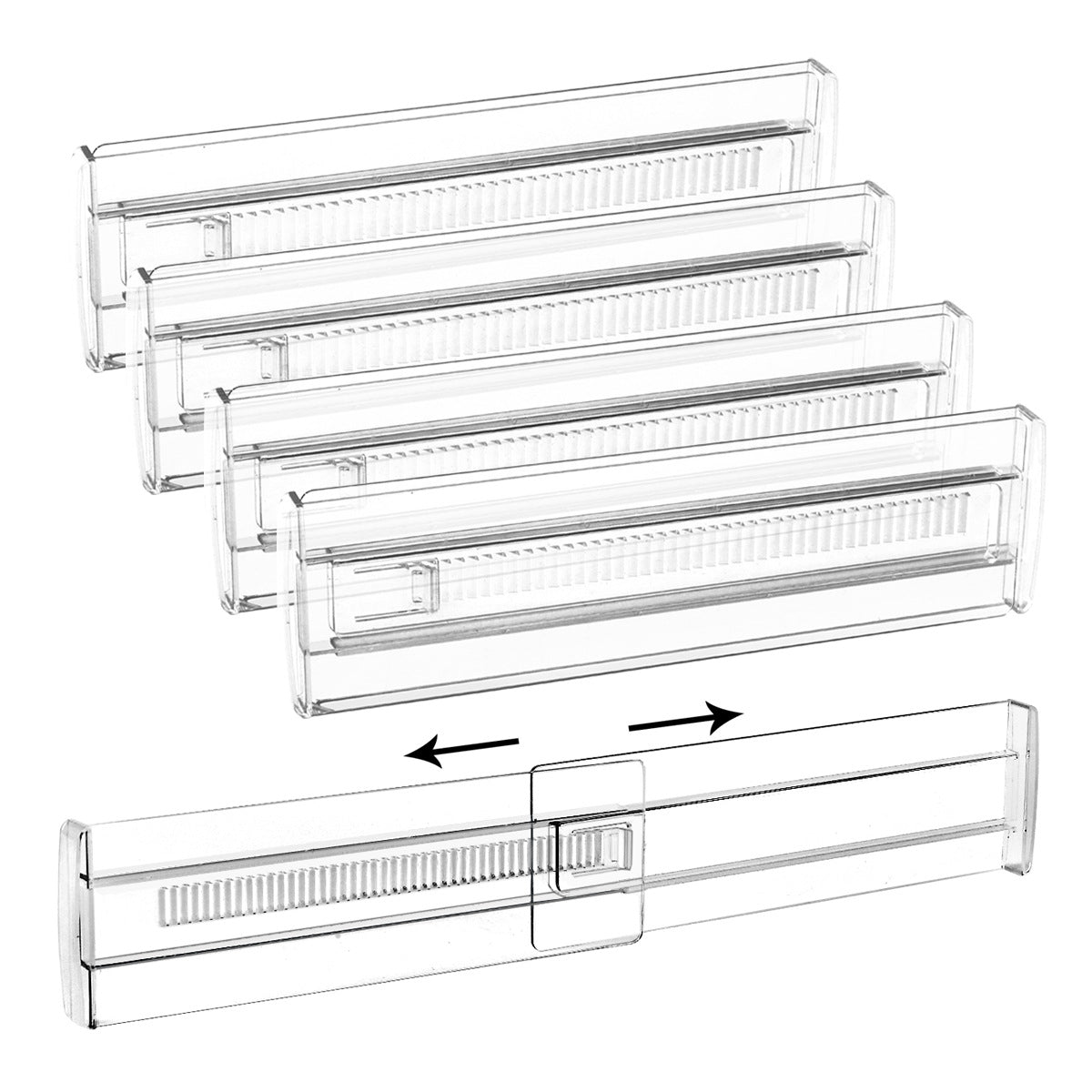 Adjustable transparent drawer dividers sorting small items across an open drawer space