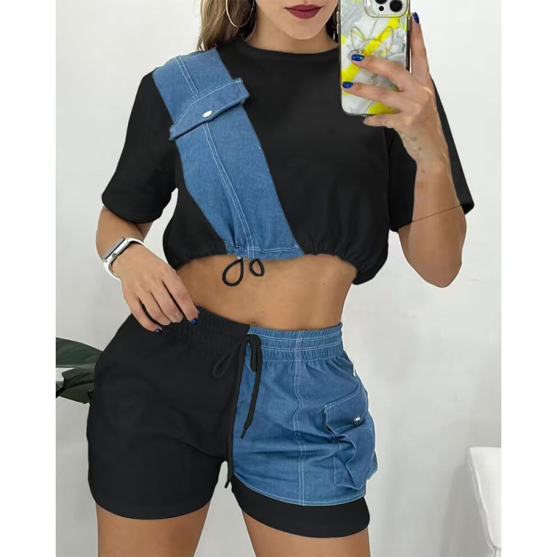 Women's Denim Short Sleeve Shorts | styled in a neutral setting