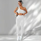 Two piece women's yoga set, one shoulder crop bra and high waist leggings in ribbed knit
