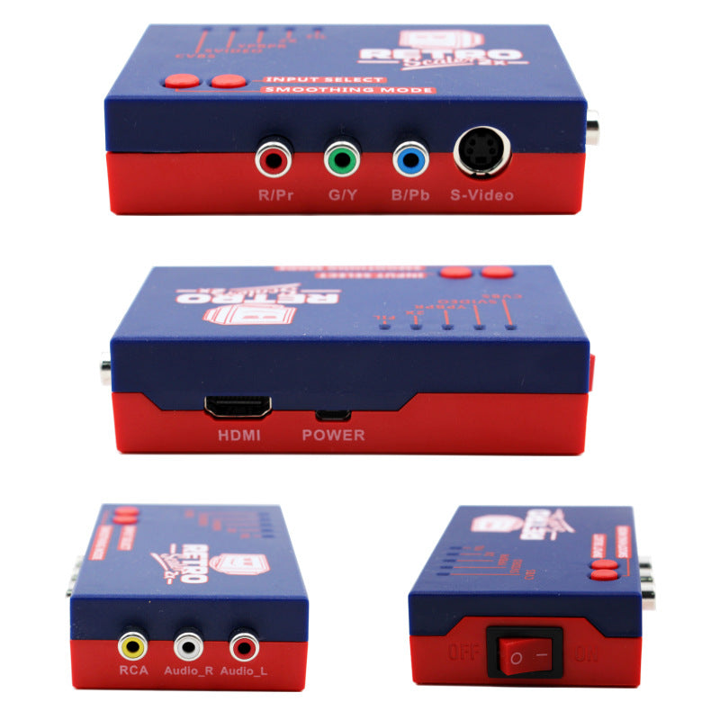 Converter panels showing HDMI output, Micro USB power port, RCA audio inputs and power switch