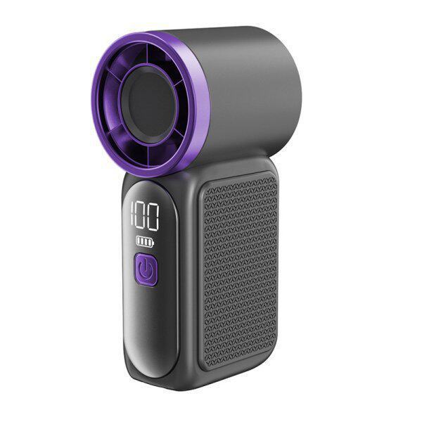 Dark grey mini handheld turbo fan with a purple turbine ring and LED screen