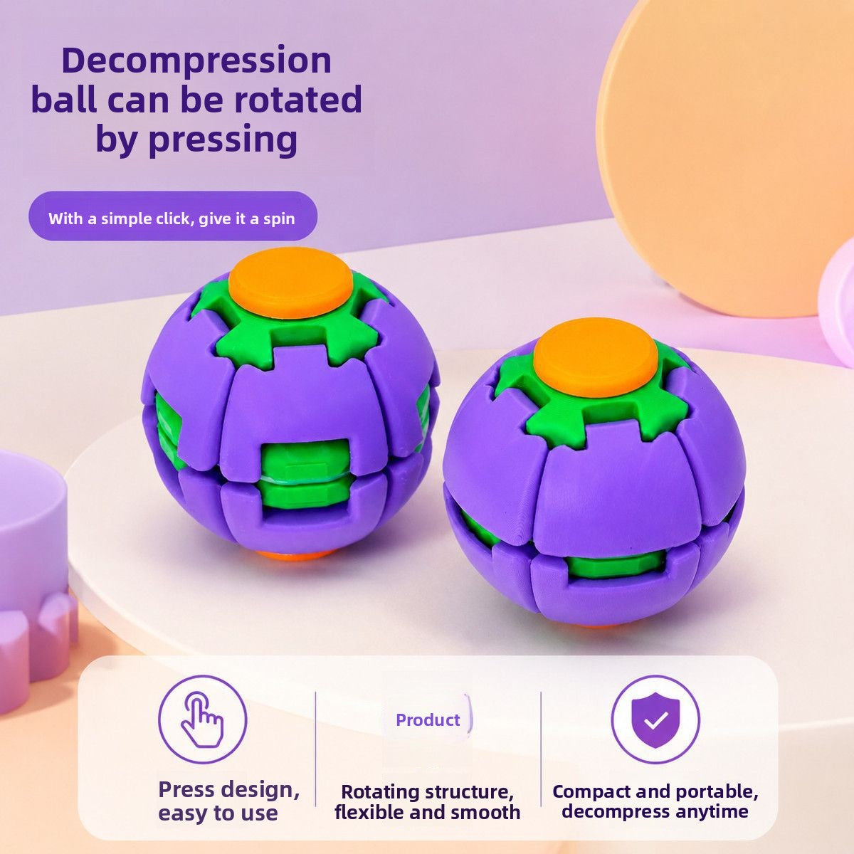 Two purple and green press and spin fidget balls on a pastel table, compact and portable