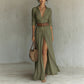 Dark green long shirt dress with collar, button front and brown belt, close view for size S