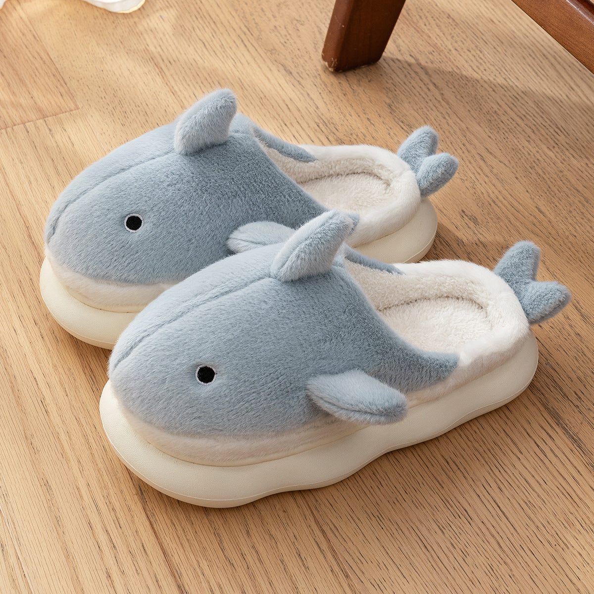 Blue shark plush slippers with a fin and tail on a thick white sole, size 36-37 option